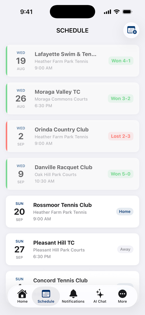Season schedule with results
