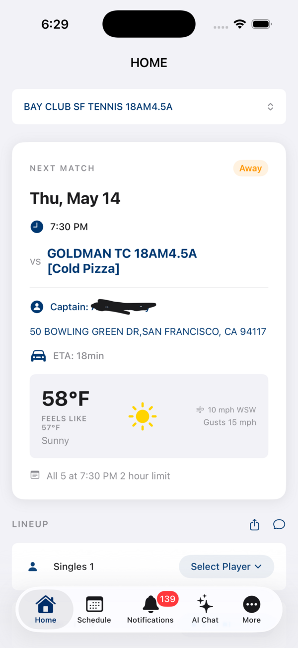 USTA AI Co-Captain home screen