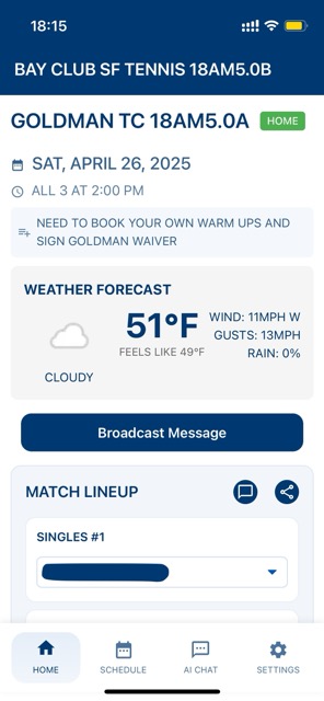 USTA AI Co-Captain App Interface